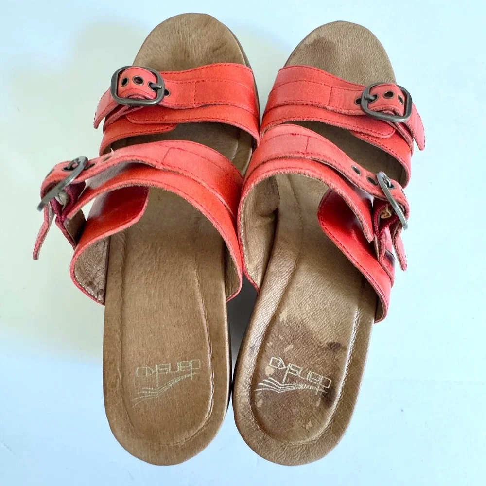 Dansko Jessie Coral Red Leather Clog Sandals Bohemian Chic Size EU/37